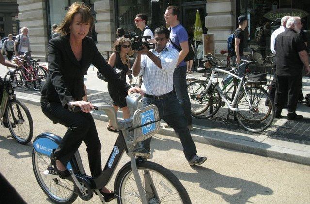 Former transportation commissioner Janette Sadik-Khan on a prototype of what would become a Citi Bike.